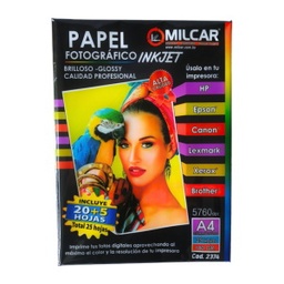 [2374] Papel Fotografico Brilloso Inkjet MILCAR  20hojas  + 5